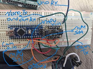 Breadboard prototype of the UART link.