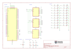 Schematic. STM32, three shift registers, and the LED rows standing in for the road.
