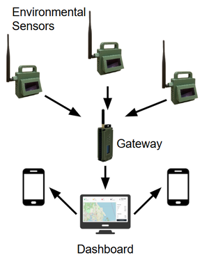 System architecture. Sensor nodes, gateway, dashboard.